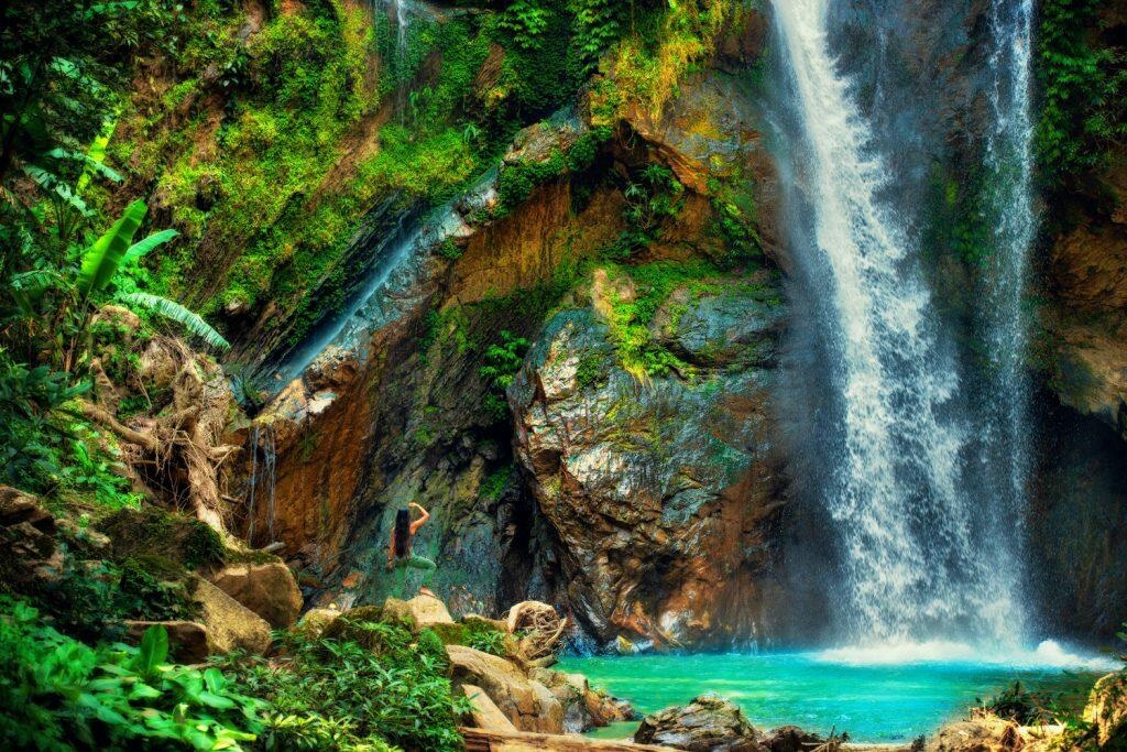 Nature Immersion Concept. Young woman standing on a rock near a waterfall - Maui Recovery