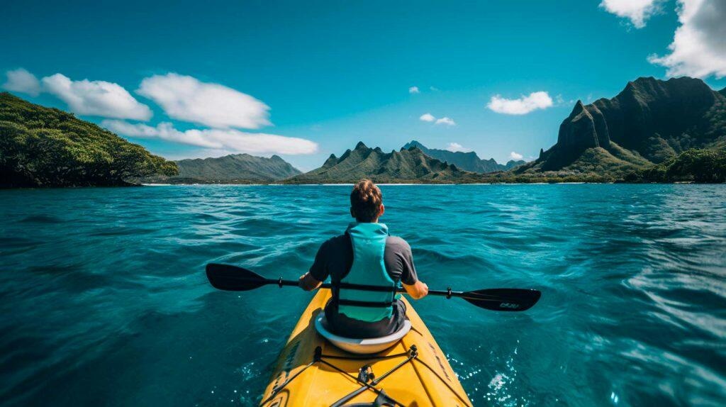 Man seen from behind in a kayak in the sea of hawaii - Maui Recovery