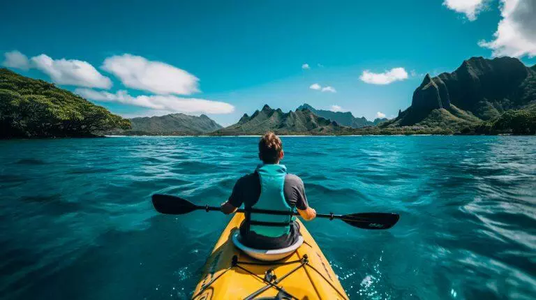 Man seen from behind in a kayak in the sea of hawaii - Maui Recovery